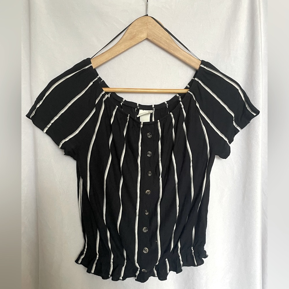 Navy blue, white stripes over the shoulder top, size XS